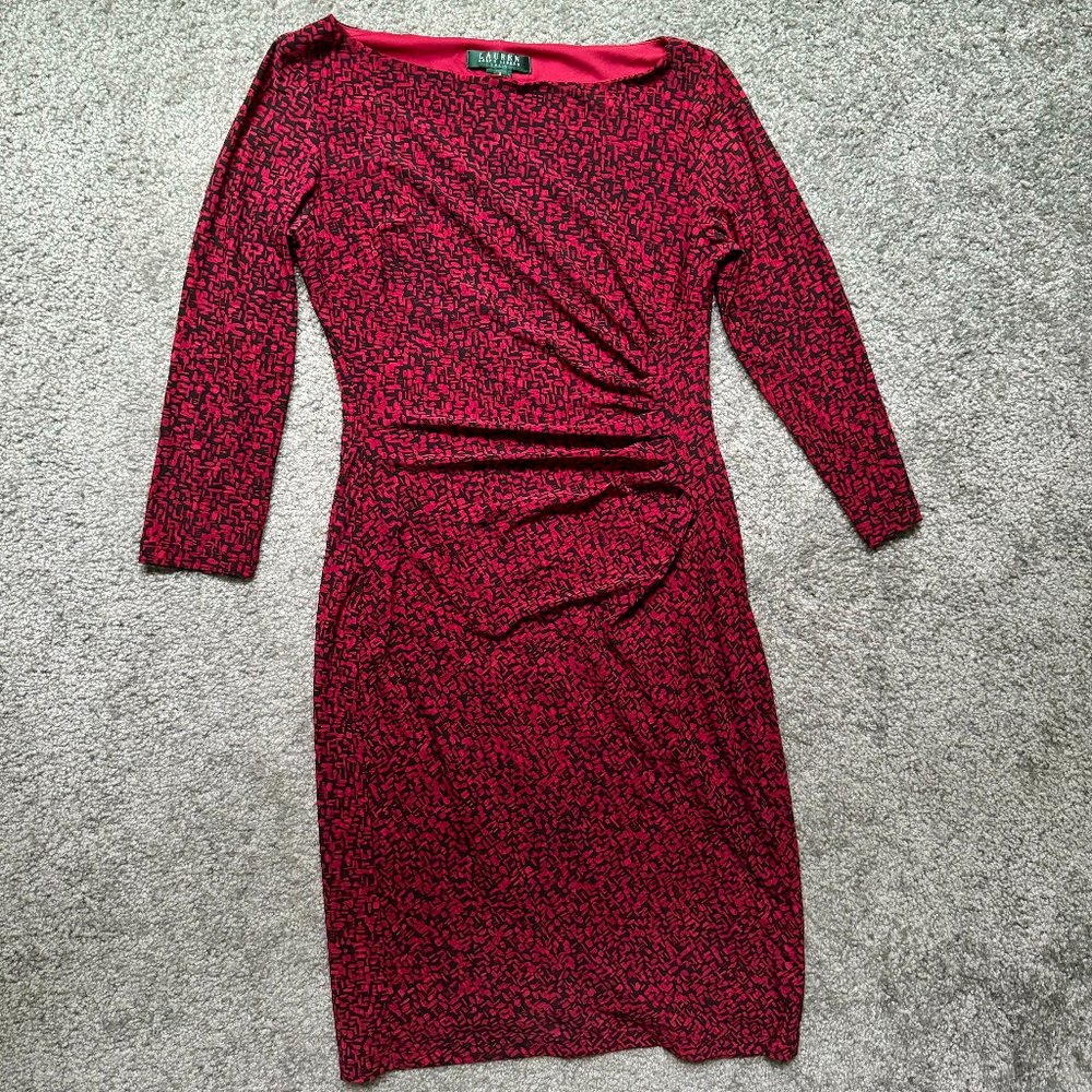 Ralph Lauren red & black long sleeve jersey ruched dress